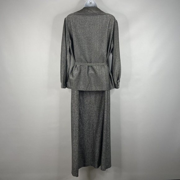Vintage 70s Disco Avant Garde Gray Silver Glitter Belted Blouse Maxi Skirt Set - Picture 5 of 8